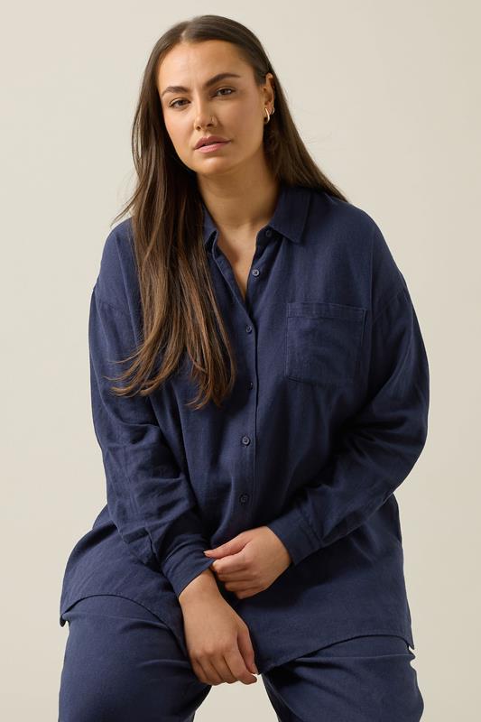 EVANS Plus Size Navy Blue Long Sleeve Premium Linen Shirt | Evans 4