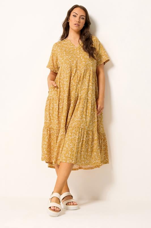 YOURS Plus Size Gold Yellow Floral Tiered Maxi Dress | Yours Clothing 1