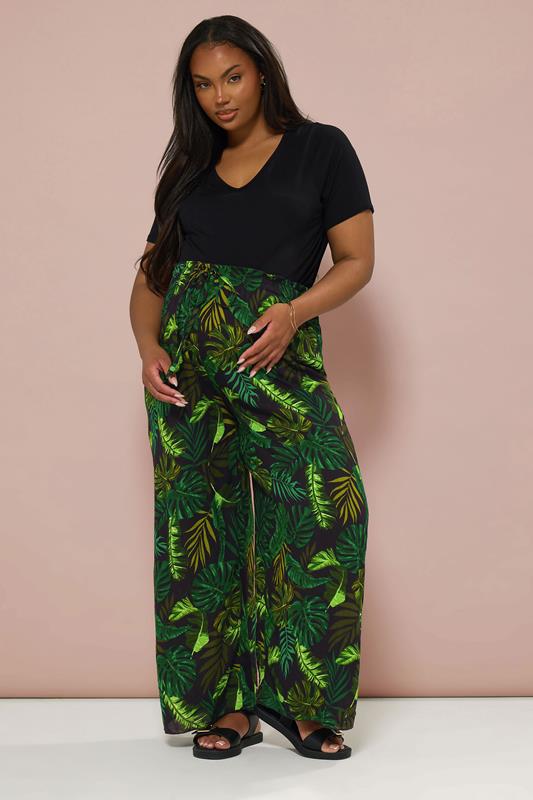 BUMP IT UP MATERNITY Plus Size Black & Green Palm Print Trousers | Yours Clothing 2
