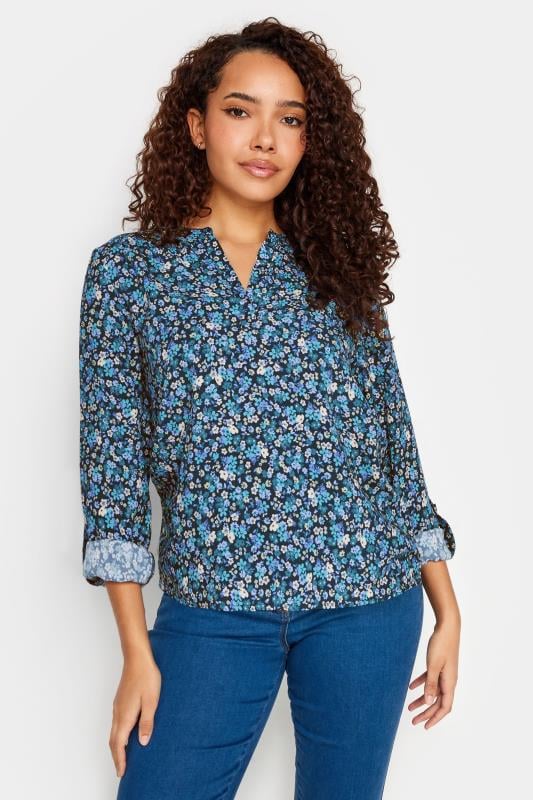 M&Co Blue Ditsy Floral Print V-Neck Shirt | M&Co 1