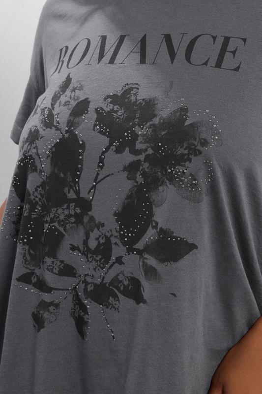 YOURS Plus Size Grey Floral 'Romance' Embellished Slogan T-Shirt | Yours Clothing 5