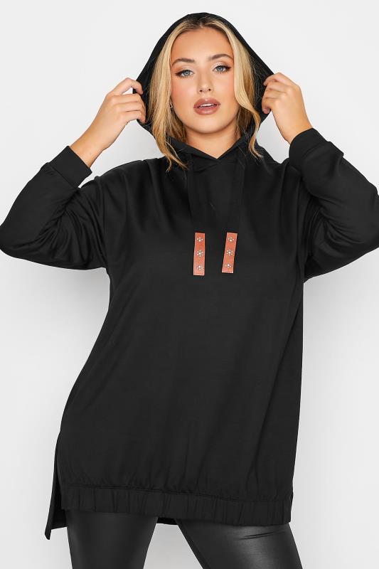 Plus Size Black Embellished Tie Hoodie | Yours Clothing 4