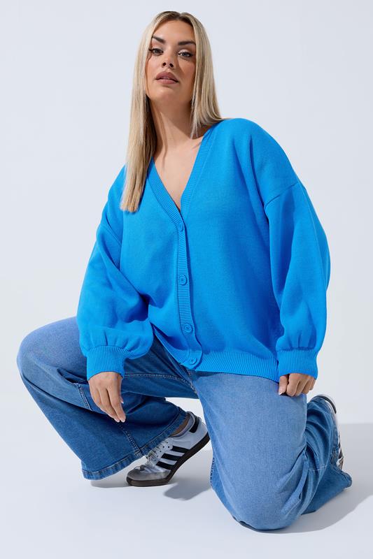 LIMITED COLLECTION Plus Size Blue Balloon Sleeve Knitted Cardigan | Yours Clothing 1