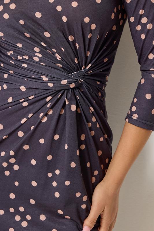 PixieGirl Petite Women's Navy Blue Polka Dot Twist Front Midi Dress | PixieGirl 5