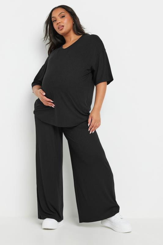 BUMP IT UP MATERNITY Plus Size Black Premium Modal Ribbed Wide Leg Trousers | Yours Clothing 1
