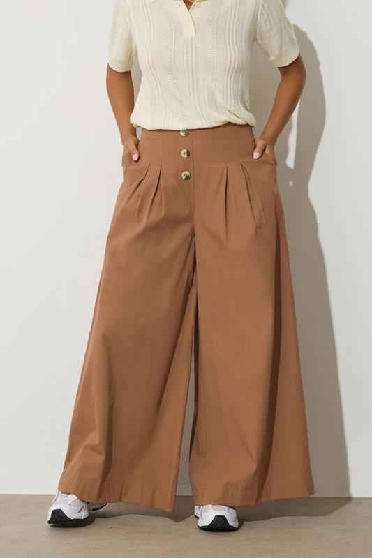 PixieGirl Petite Women's Beige Brown Button Cotton Wide Palazzo Trousers | PixieGirl 1