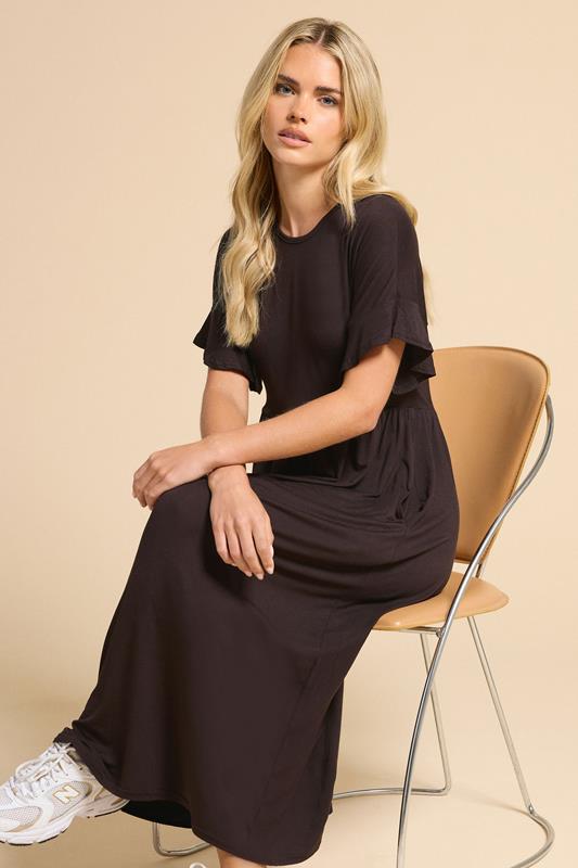 PixieGirl Petite Women's Brown Frill Sleeve Smock Midi Dress | PixieGirl 1