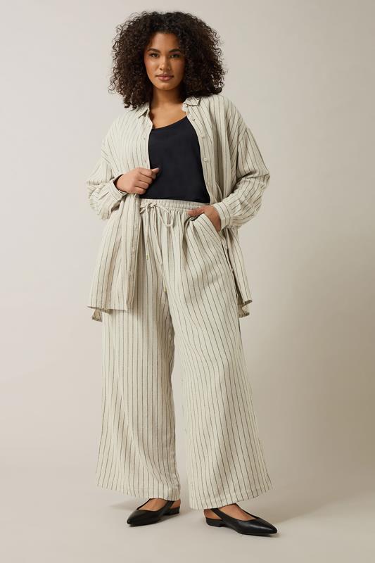 EVANS Plus Size Natural Brown Stripe Print Premium Linen Shirt | Evans 5