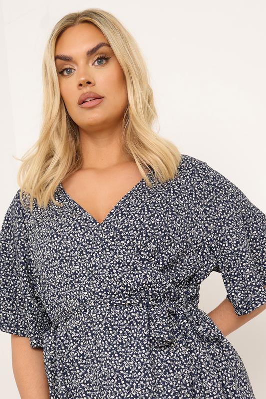 YOURS Plus Size Navy Blue Floral Print Textured Wrap Top | Yours Clothing 4