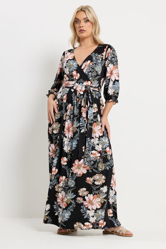 YOURS Curve Black Floral V-Neck Wrap Dress