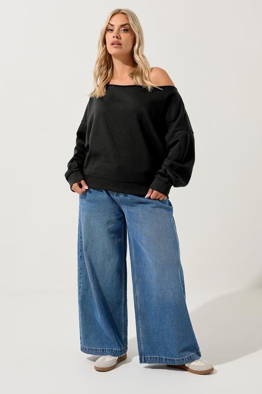 YOURS Plus Size Black Off Shoulder Sweatshirt | Yours Clothing 1