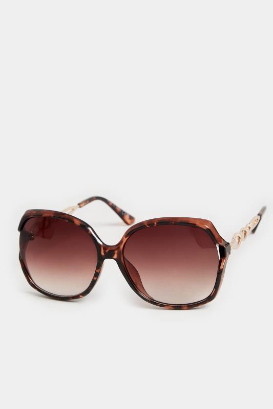 Brown Tortoiseshell Chain Oversized Sunglasses | Yours Clothing 1