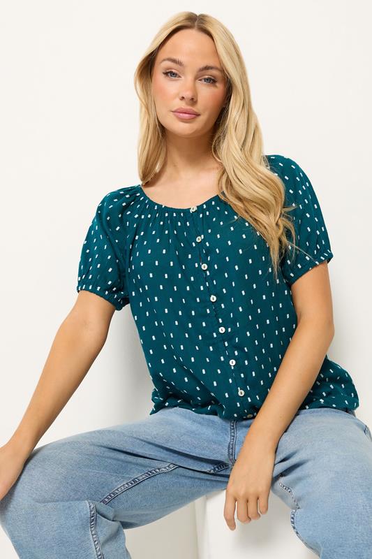  M&Co Teal Blue Dobby Button Up Cotton Blouse