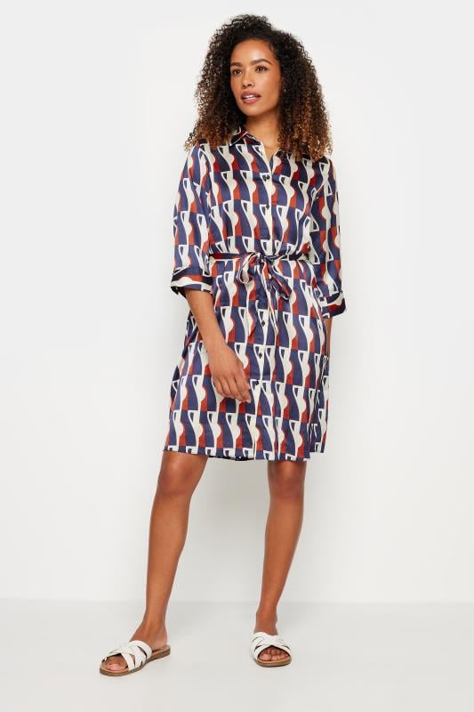 M&Co Blue Geometric Print Satin Shirt Dress | M&Co 1