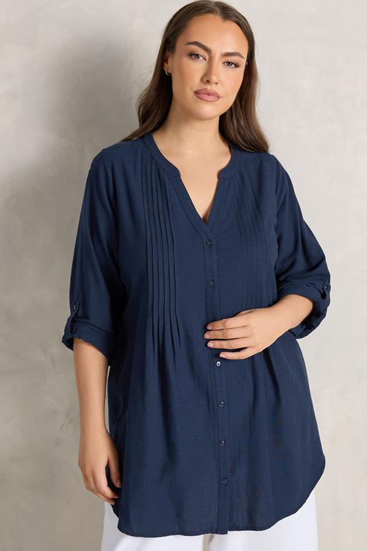 EVANS Curve Navy Blue Linen Pintuck Shirt