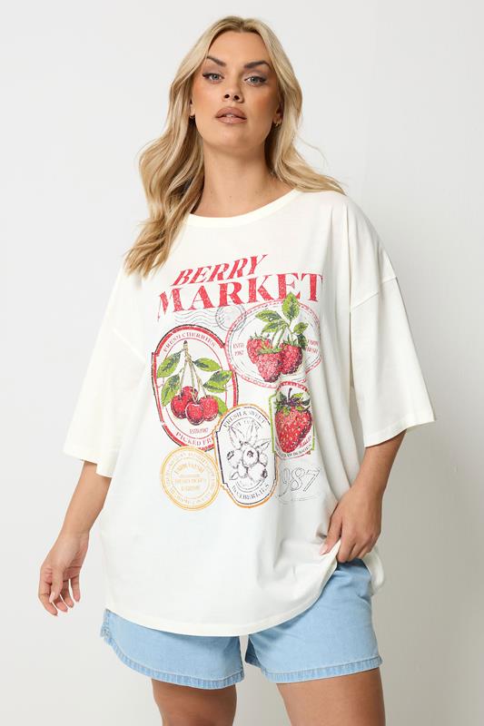 YOURS Curve Ivory White 'Berry Market' Graphic T-Shirt