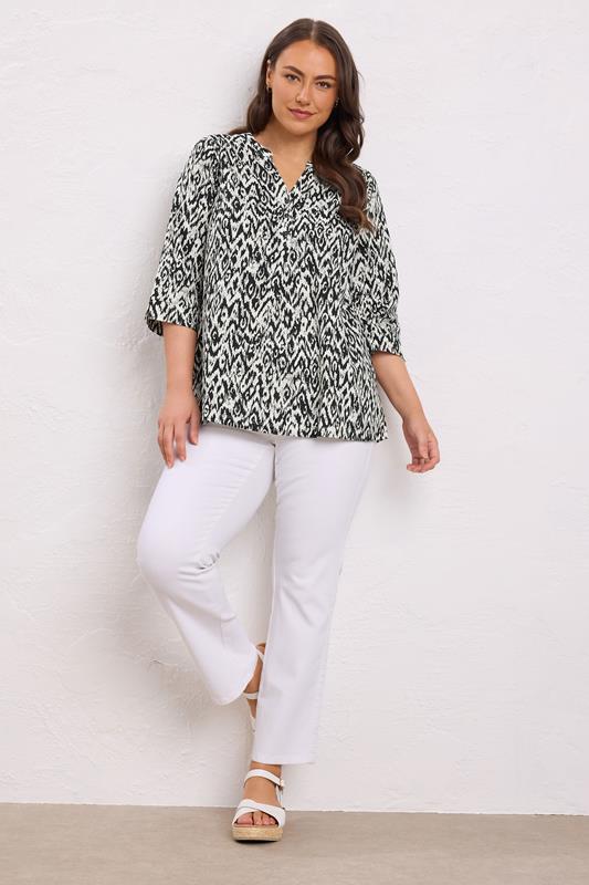EVANS Plus Size Black Abstract Print Pleat Front Henley Top | Evans 1