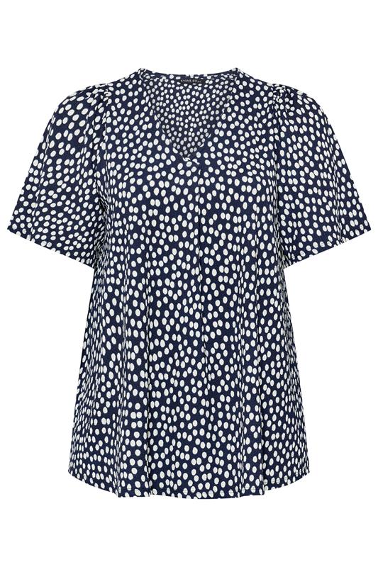 EVANS Curve Navy Blue Spot Print Pleat Front Top