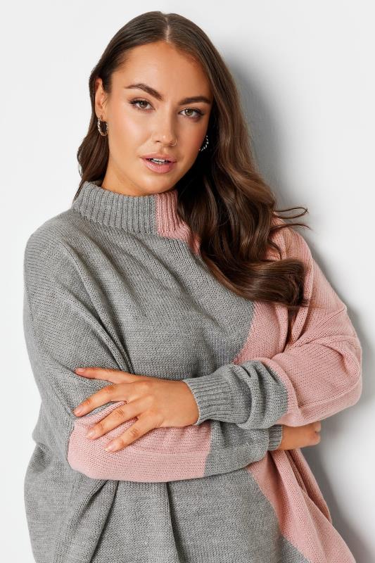 YOURS Plus Size Grey & Pink Colourblock Knitted Jumper | Yours Clothing 4