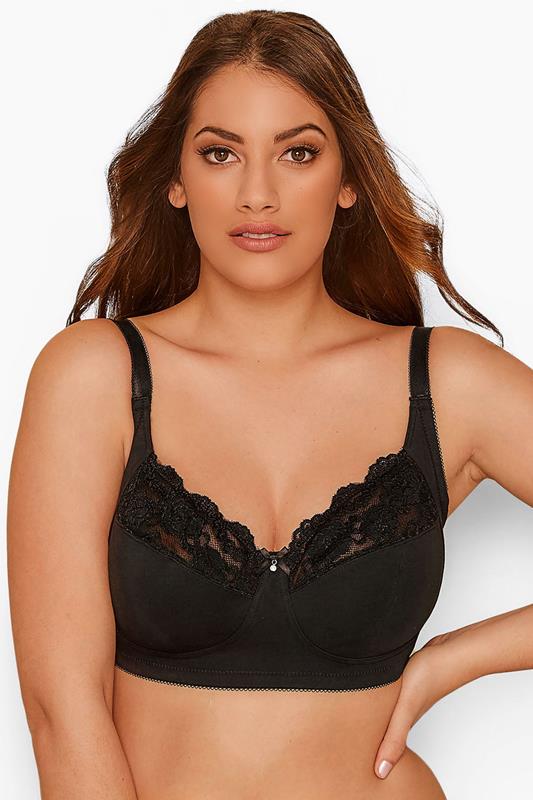 YOURS Curve Black Cotton Lace Trim Non-Padded Non-Wired Bralette