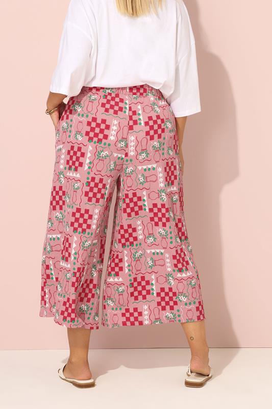 YOURS Plus Size Pink Floral Check Crinkle Midaxi Culottes | Yours Clothing 2