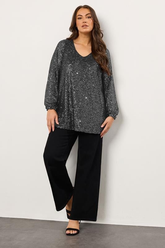EVANS Plus Size Black Sequin Embellished Balloon Sleeve Top | Evans 1