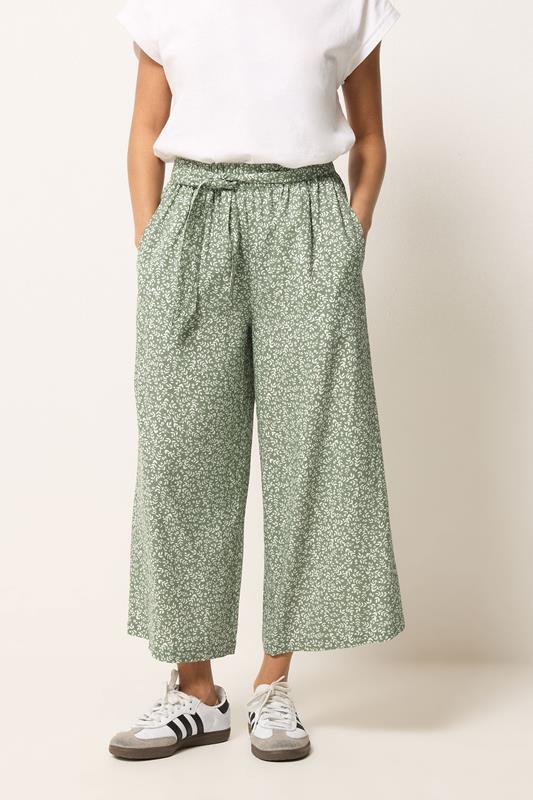 PixieGirl Petite Women's Sage Green Leaf Print Cropped Trousers | PixieGirl 1