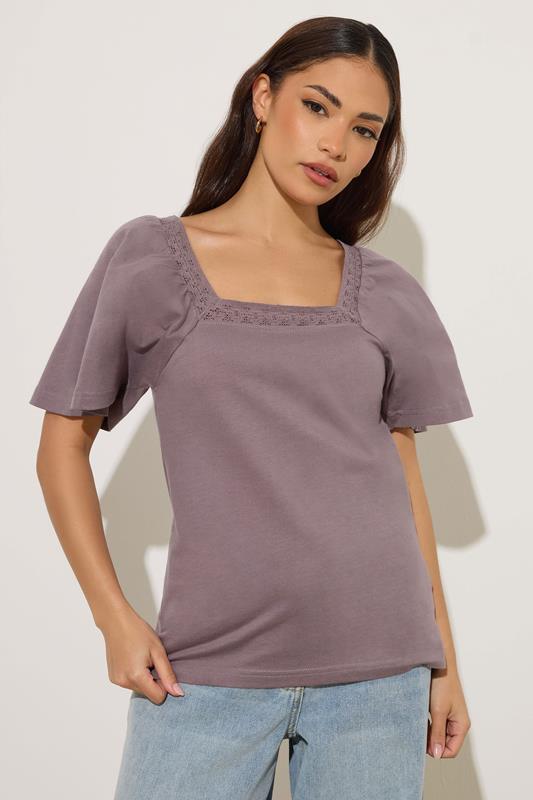 PixieGirl Petite Light Purple Crochet Trim Flutter Sleeve Cotton T-Shirt