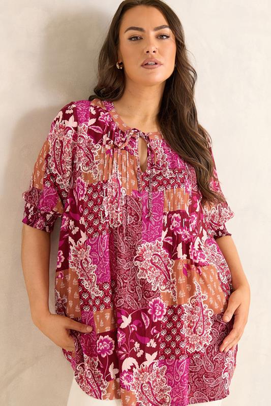 EVANS Curve Orange Paisley Pintuck Top