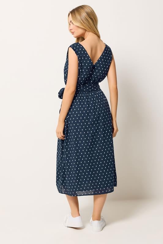M&Co Navy Blue Dobby Tie Waist Cotton Midi Dress | M&Co 4