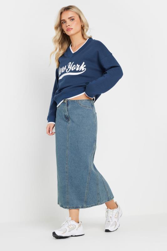 PixieGirl Petite Women's Light Blue Denim Seam Midi Skirt | PixieGirl 1