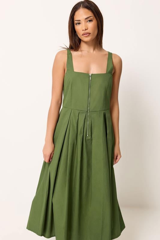 PixieGirl Petite Khaki Green Pleated Midi Dress | PixieGirl 1
