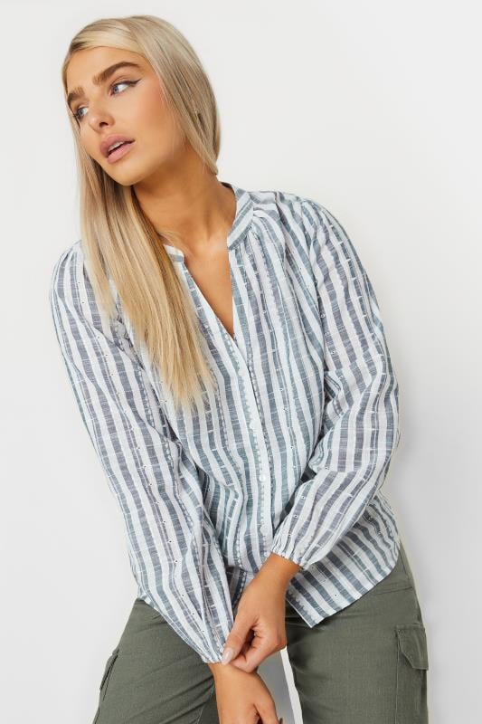 M&Co Blue & White Striped Collarless Embroidered Cotton Shirt | M&Co 4