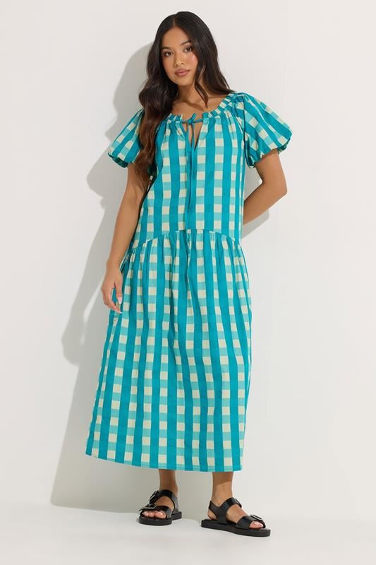 PixieGirl Petite Teal Green Check Cotton Tie Neck Maxi Dress