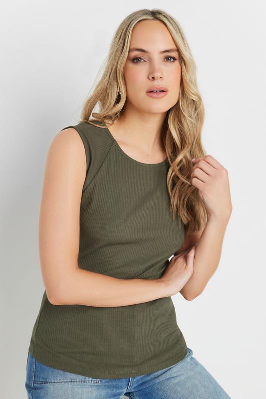 LTS Tall Khaki Green Ribbed Keyhole Tie Vest Top | Long Tall Sally 2