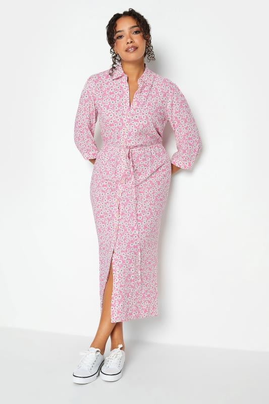 Women's  M&Co Pink Floral Print Midi Shirt Dress