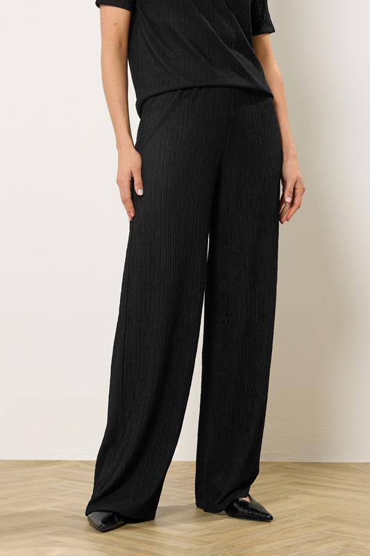 LTS Tall Black Textured Elasticated Waist Wide Leg Trousers | Long Tall Sally 1