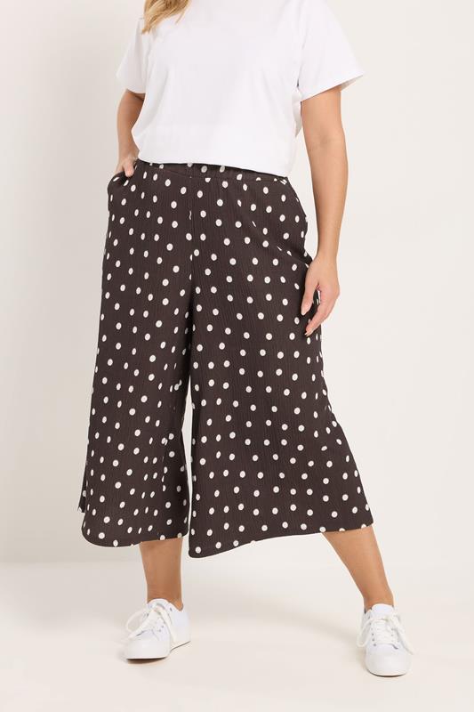 YOURS Curve Chocolate Brown Polka Dot Textured Culottes