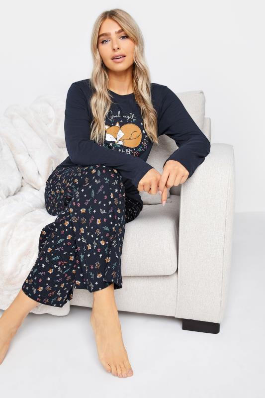 Women's  M&Co Navy Blue Cotton 'Good Night' Fox Print Wide Leg Pyjama Set