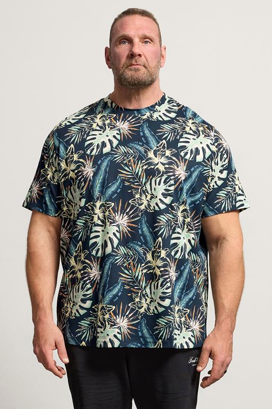  JACK & JONES Big & Tall Navy Blue Leaf Printed T-Shirt