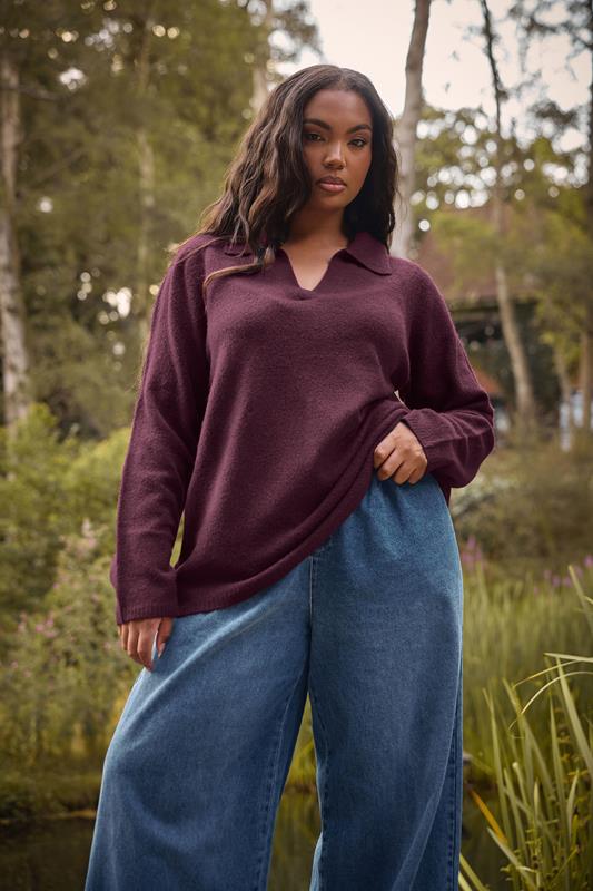YOURS Plus Size Burgundy Red Collared Knitted Jumper | Yours Clothing 1