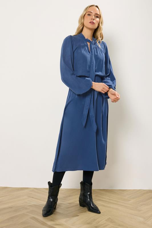 LTS Tall Blue Acid Wash Tie Neck Midi Dress | Long Tall Sally 1