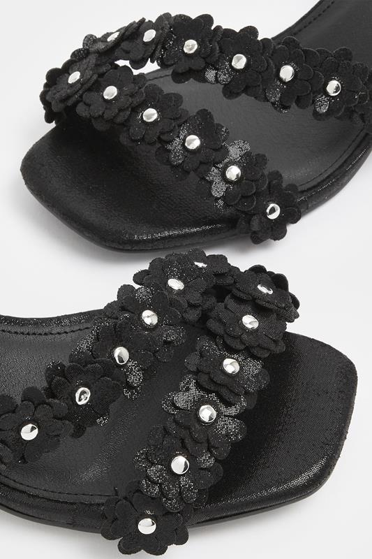 Black Shimmer Floral Block Heel Sandals In Extra Wide EEE Fit | Yours Clothing 5