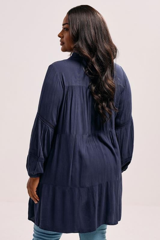 YOURS Plus Size Navy Blue Tiered Crochet Detail Shirt | Yours Clothing 2