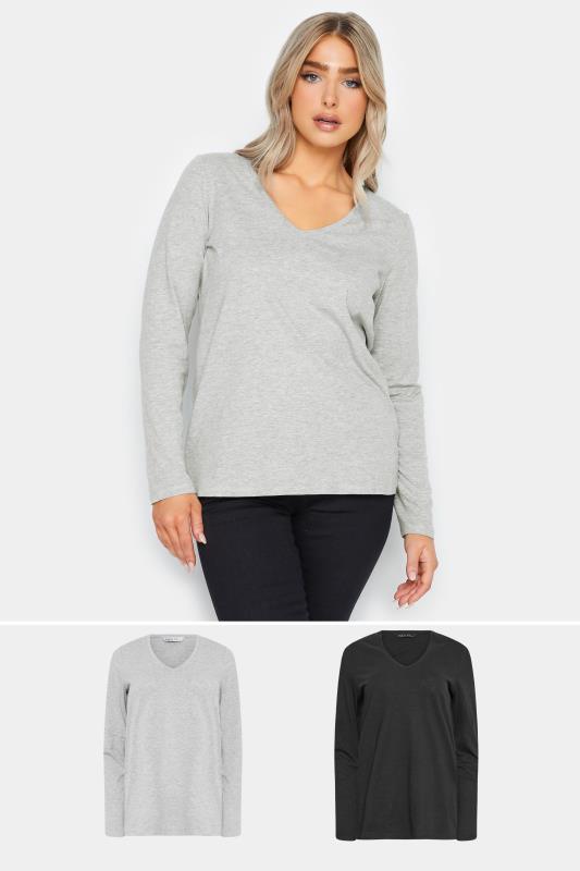 Women's  M&Co 2 PACK Grey & Black V-Neck Long Sleeve T-Shirts