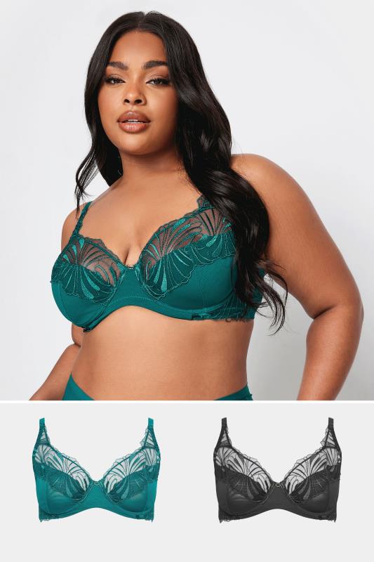 YOURS Plus Size 2 PACK Black & Green Leaf Embossed Non-Padded Bras | Yours Clothing 1