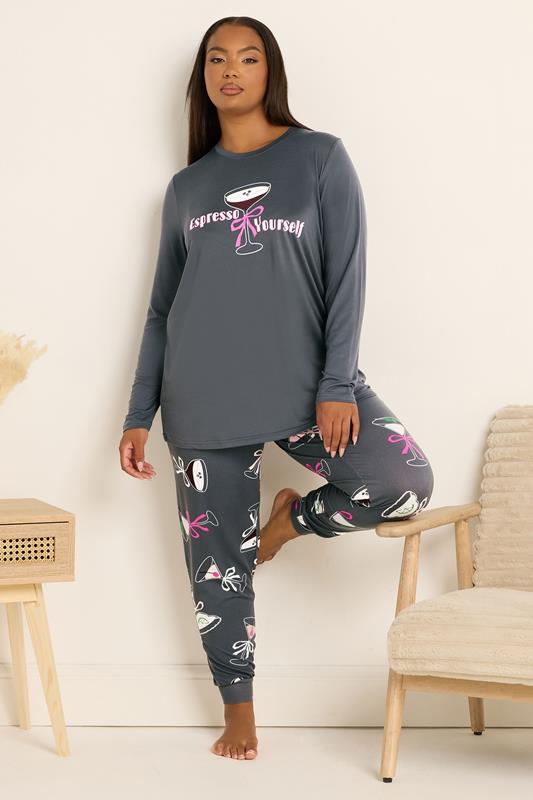YOURS Plus Size Grey 'Espresso Yourself' Soft Touch Pyjama & Eye Mask Set | Yours Clothing 2