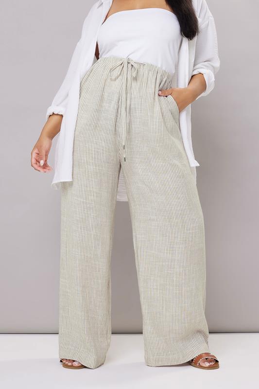 YOURS Plus Size White Striped Linen Tie Front Trousers | Yours Clothing 2