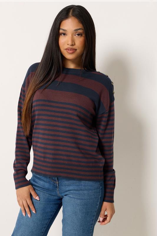 M&Co Petite Navy Blue Stripe Button Detail Jumper