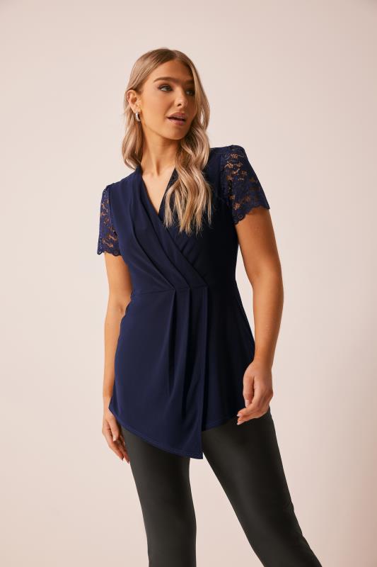 Women's  M&Co Navy Blue Lace Sleeve Asymmetric Wrap Top